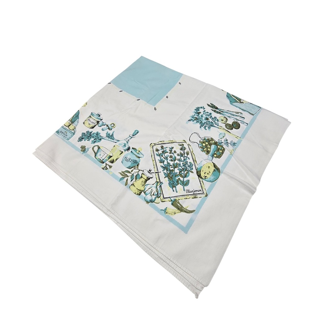 Vintage Kitchen Square Tablecloth Blue Herb Spice Botanical Print Cottagecore